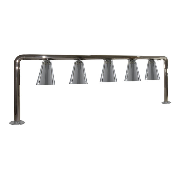 A row of chrome Hanson Heat Lamps with five bulbs on a metal bar.