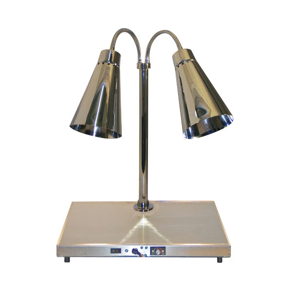 A silver Hanson Heat Lamps carving station stand with two lamps.