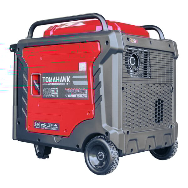 A Tomahawk red and black portable inverter generator with white accents.