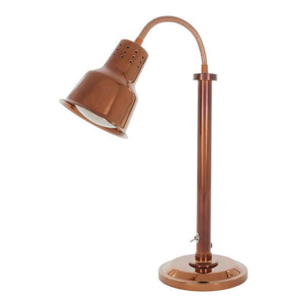 A copper freestanding Hanson Heat Lamp countertop warmer with a curved neck.