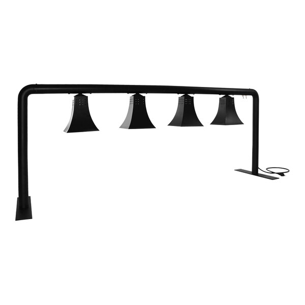 A black metal Hanson Heat Lamps freestanding heat lamp with black bars and bells.