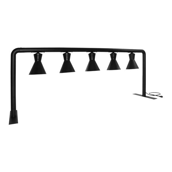 A black freestanding heat lamp with five bulbs on it.