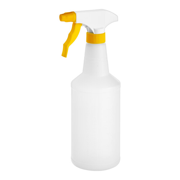 A close up of a white spray bottle with a yellow sprayer.