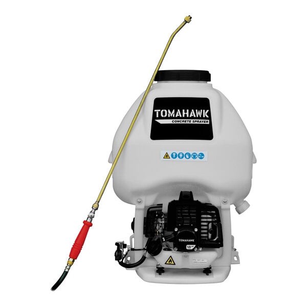 A Tomahawk concrete sprayer with a hose on a white background.