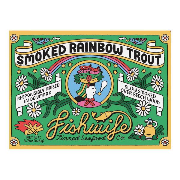 A Fishwife Smoked Rainbow Trout 3.7 oz. can with a green and yellow label.