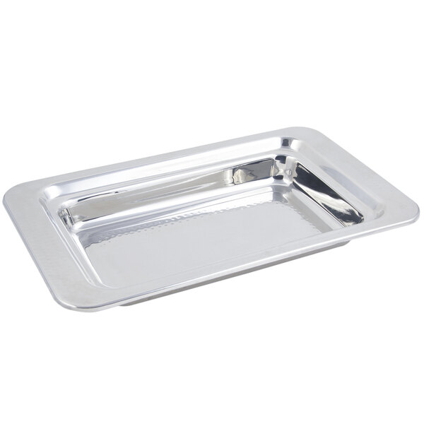 A Bon Chef rectangular stainless steel food pan with a hammered finish.