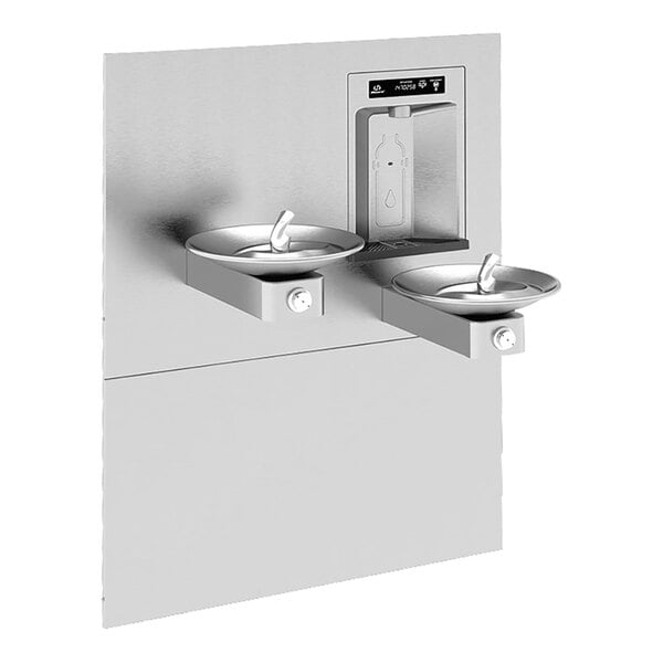 A stainless steel Haws hydration station with two drinking fountains.