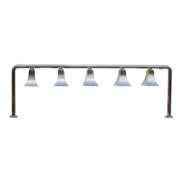 A stainless steel metal bar with five heat lamps attached.