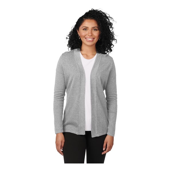 A women's gray heather shirttail cardigan made from a cotton, acrylic, and nylon blend.