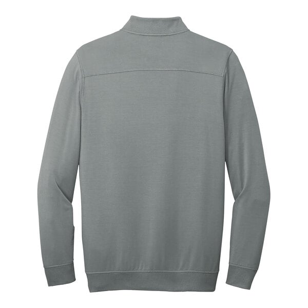 A TravisMathew Quiet Shade gray fleece quarter-zip pullover sweatshirt.