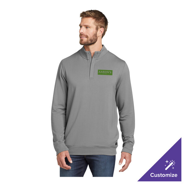 A gray quarter-zip pullover sweatshirt with a customizable logo on the chest.