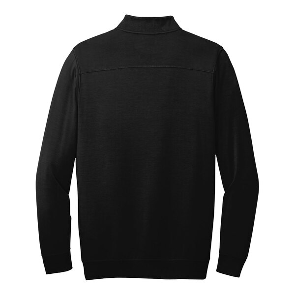 A back view of a black TravisMathew fleece quarter-zip pullover.