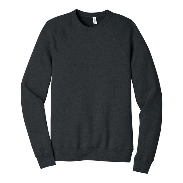 A Bella + Canvas dark gray heather sponge fleece raglan sweatshirt with long charcoal sleeves.