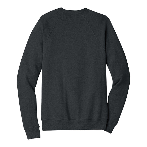 The back of a dark gray Bella + Canvas sponge fleece raglan sweatshirt with a white logo on it.