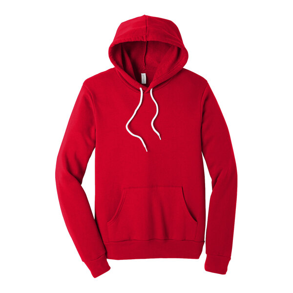 A red Bella + Canvas Sponge Fleece pullover hoodie with white strings.