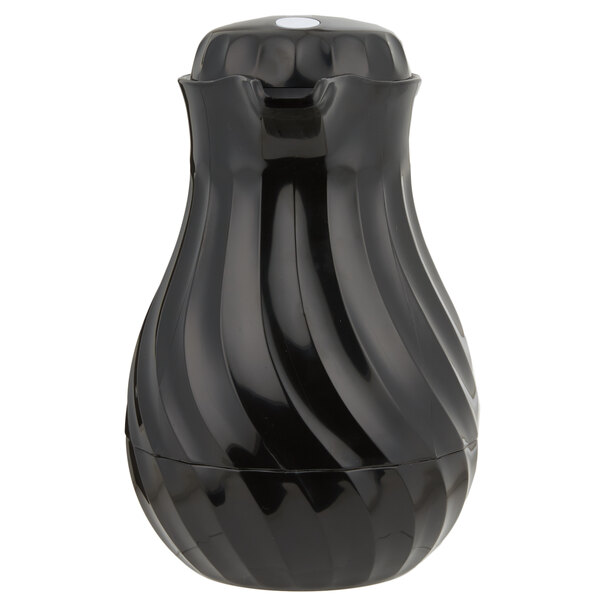A black plastic Vollrath beverage server with a white lid.