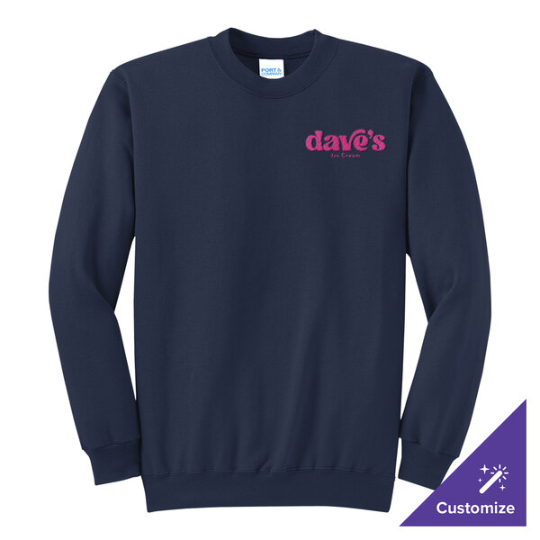 A navy blue unisex crewneck sweatshirt with 'dave's Ice Cream' printed on the chest.