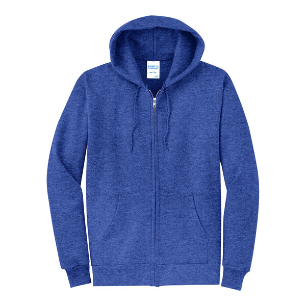 A Port & Company Heather Royal blue full-zip hoodie sweatshirt with a white label.