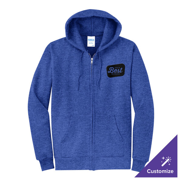A heather royal blue full-zip hoodie sweatshirt with a customizable design on the chest.