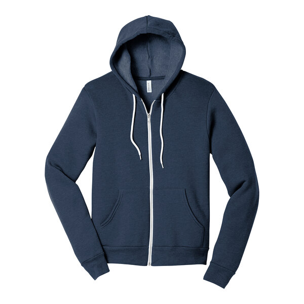 A heather navy Bella + Canvas zip up hoodie.