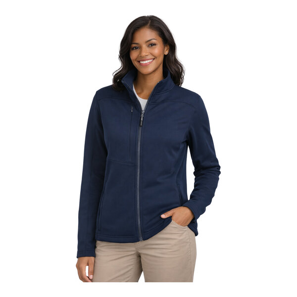 A women's navy blue full-zip fleece jacket.
