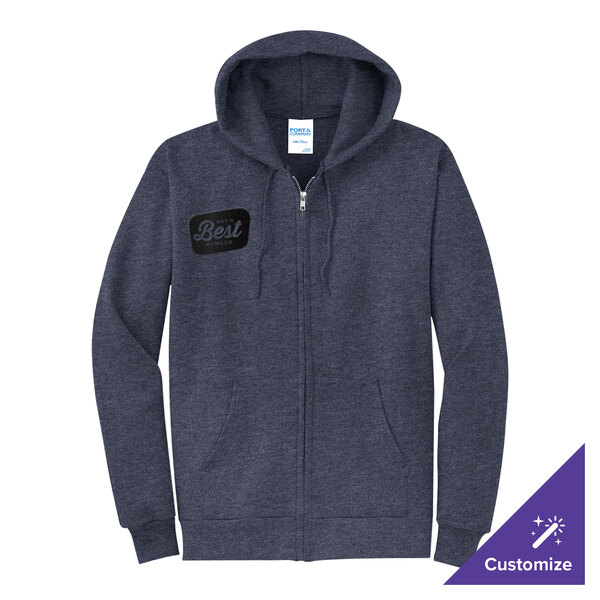 A heather navy full-zip hoodie sweatshirt with a customizable design on the chest.
