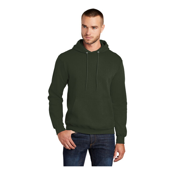 A man wearing a Port & Company olive green fleece pullover hoodie with a hood.