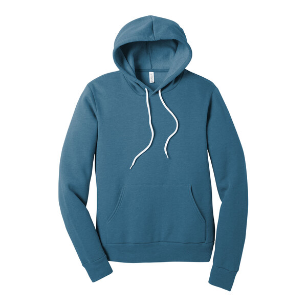 A medium unisex Bella + Canvas teal blue hoodie with white strings.
