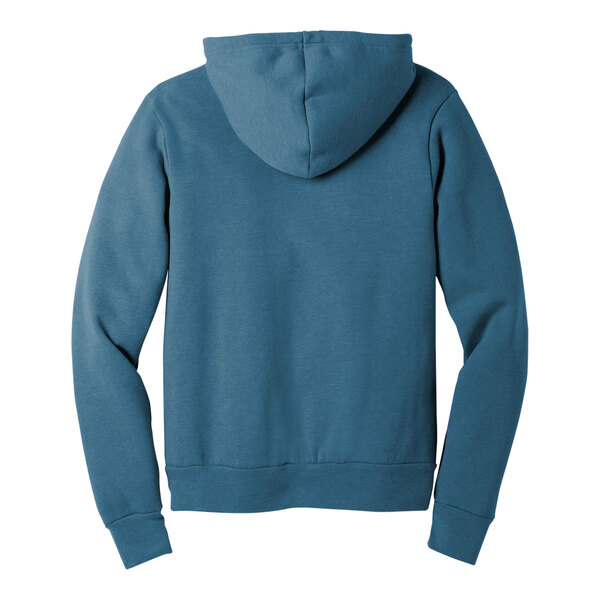 A close-up of a Bella + Canvas heather deep teal pullover hoodie with a hood.