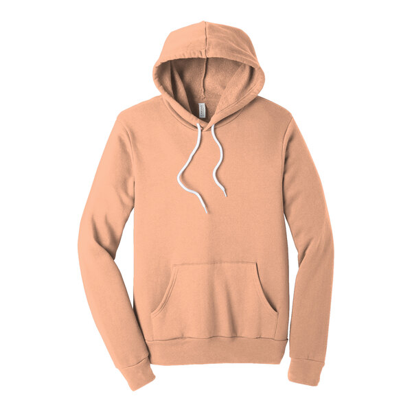 A peach unisex pullover hoodie with white strings.