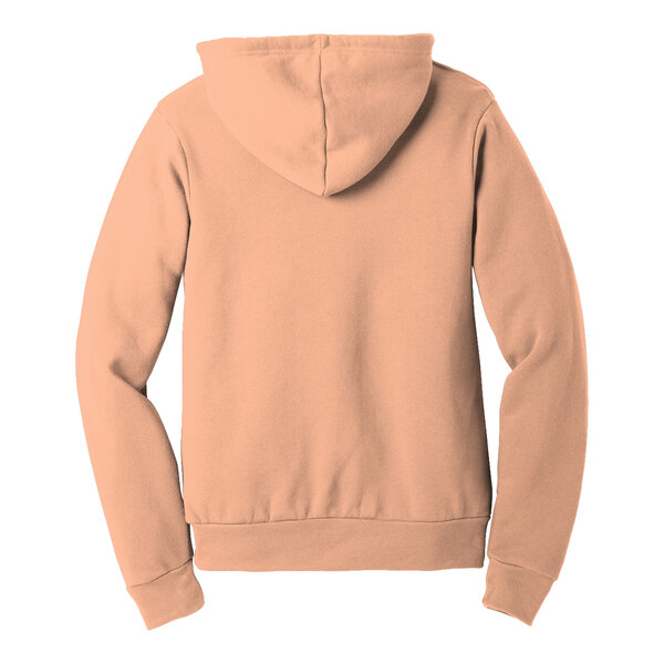 A close-up of a peach Bella + Canvas hoodie with a hood.
