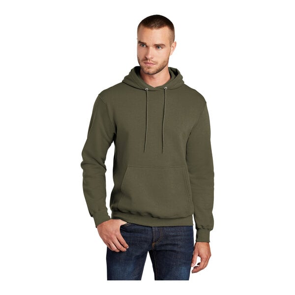 A man wearing an olive drab green Port & Company core fleece pullover hoodie.