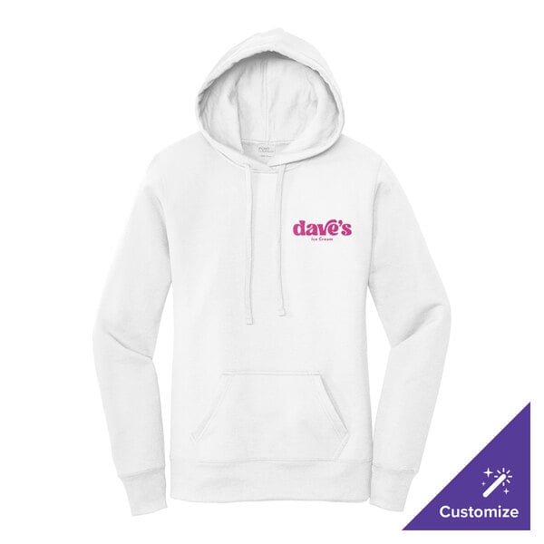 A white women's fleece pullover hoodie sweatshirt with a front pocket and customizable text on the chest.
