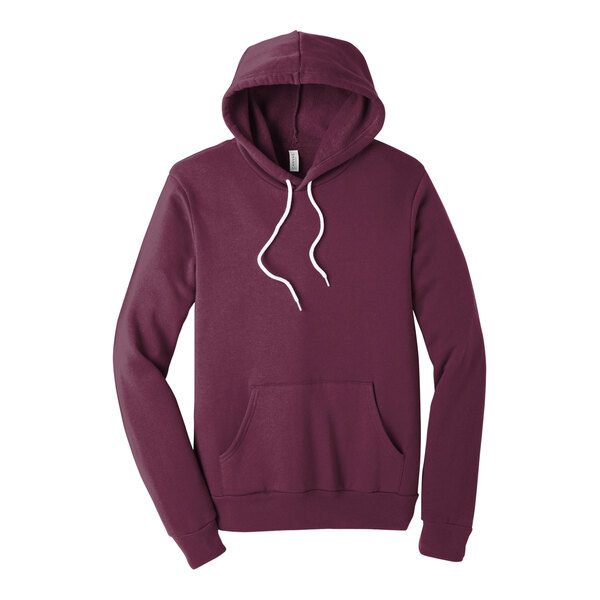 A maroon Bella + Canvas Sponge Fleece pullover hoodie with white strings.