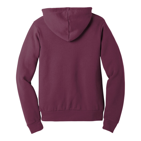 A close-up of a maroon Bella + Canvas sponge fleece pullover hoodie.