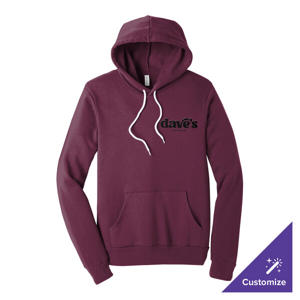 A maroon unisex pullover hoodie sweatshirt with a front pocket and customizable logo on the chest.