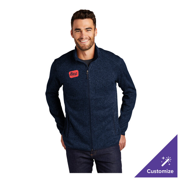 A unisex river blue navy heather fleece sweater jacket in extra large size with a customizable logo on the chest.