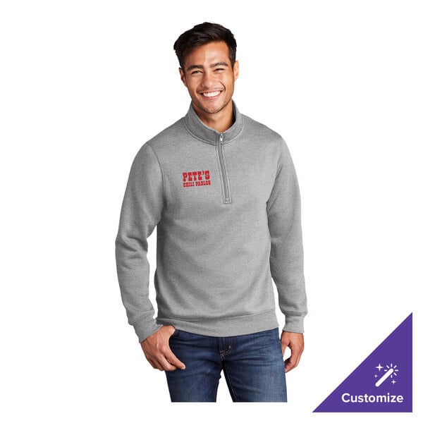A medium-sized, athletic heather gray unisex quarter-zip pullover sweatshirt made from a cotton and polyester blend, featuring customizable text on the chest.