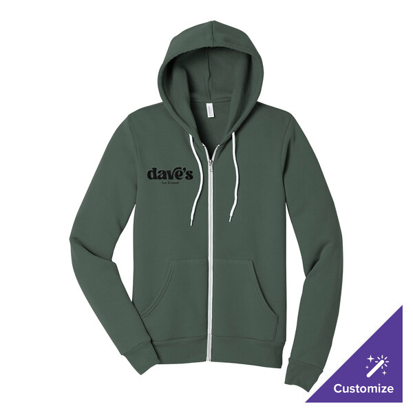 A military green unisex full-zip hoodie sweatshirt with a customizable logo on the chest.