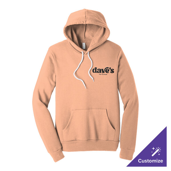 A peach-colored unisex pullover hoodie sweatshirt with a front pocket and 'dave's Ice Cream' printed on the chest.