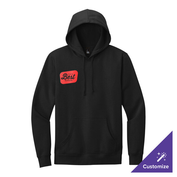 A black unisex fleece hoodie sweatshirt with a red patch on the chest that reads 'Best' and a front pocket.