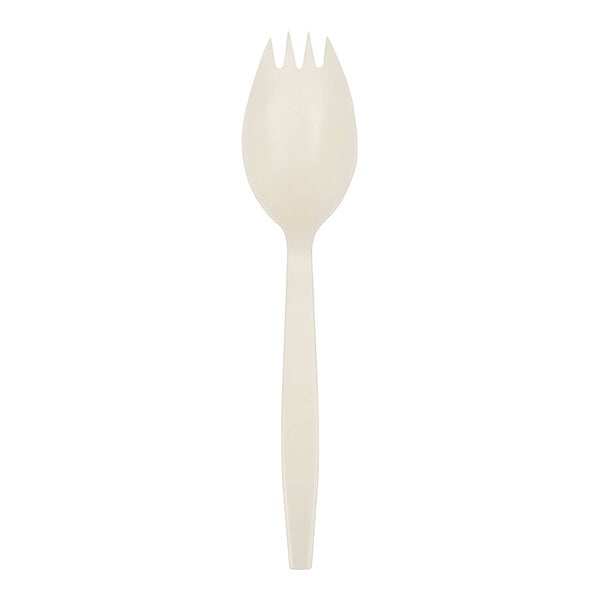A single beige spork with a smooth handle and short tines, shown against a white background.