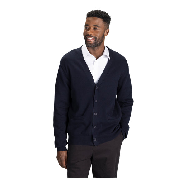 A man in a navy Edwards cardigan sweater.