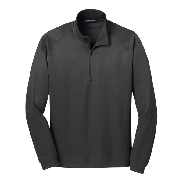 An iron gray and black Port Authority quarter-zip pullover sweater with vertical texture.