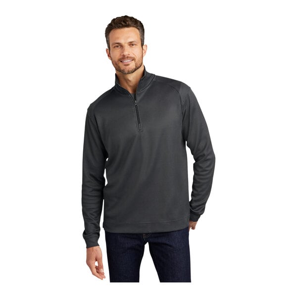 An extra small unisex iron gray Port Authority 1/4 zip pullover sweater with a black shirt underneath.