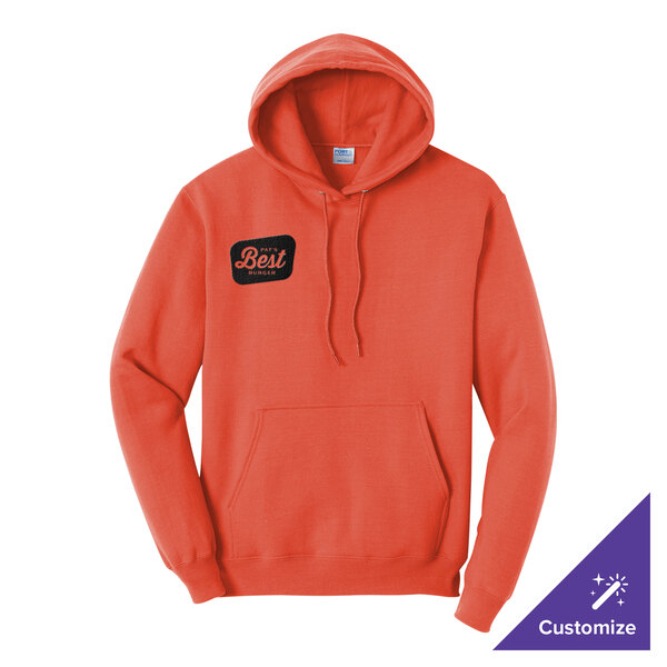 A unisex orange fleece pullover hoodie sweatshirt with a front pocket and customizable design.
