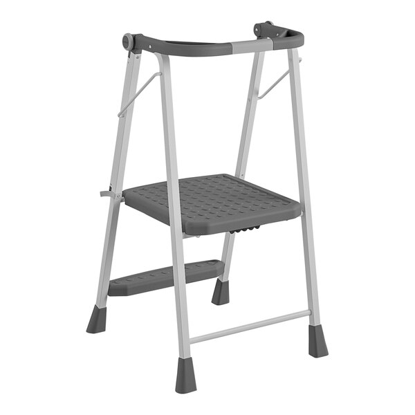 A grey and white Cosco 2-step ladder with a black frame.