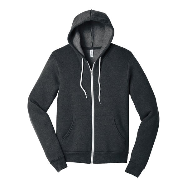 A dark gray Bella + Canvas zip up hoodie with a white zipper.