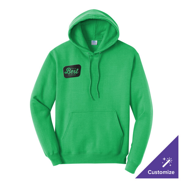 A clover green unisex pullover hoodie sweatshirt with a front pocket and customizable design.