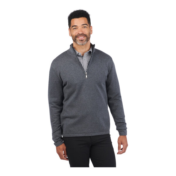 A unisex smoke heather quarter-zip sweater in a cotton blend, shown in size small.